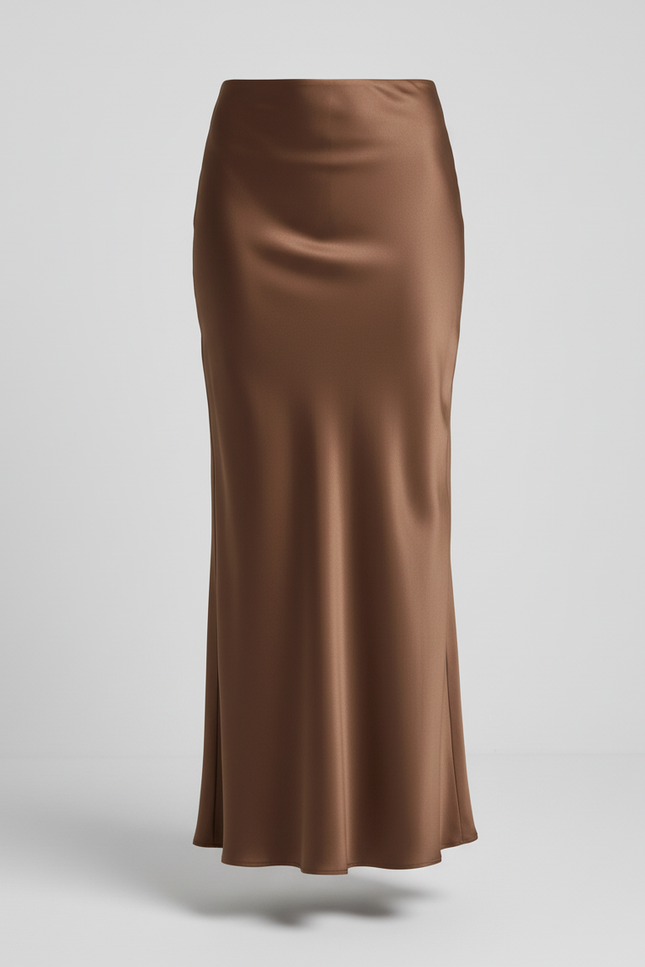 Jupe Satin Marron Longue Élégante Chic