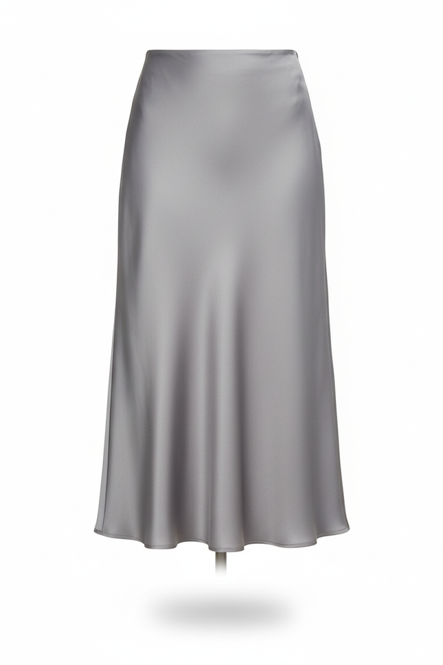 Jupe Satin Grise Midi Fluide
