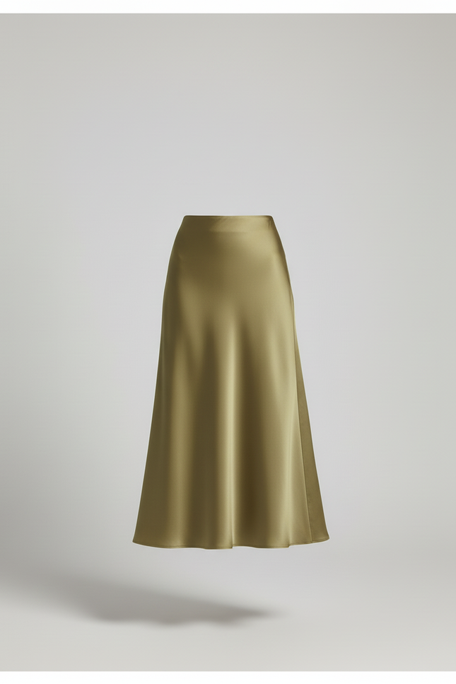 Jupe Satin Vert Olive Midi Fluide Souple