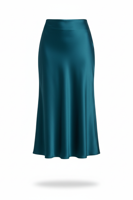 Jupe Satin Bleu Pétrole Fluide Élégante