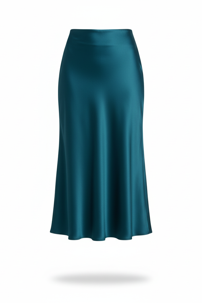 Jupe Satin Bleu Pétrole Fluide Élégante