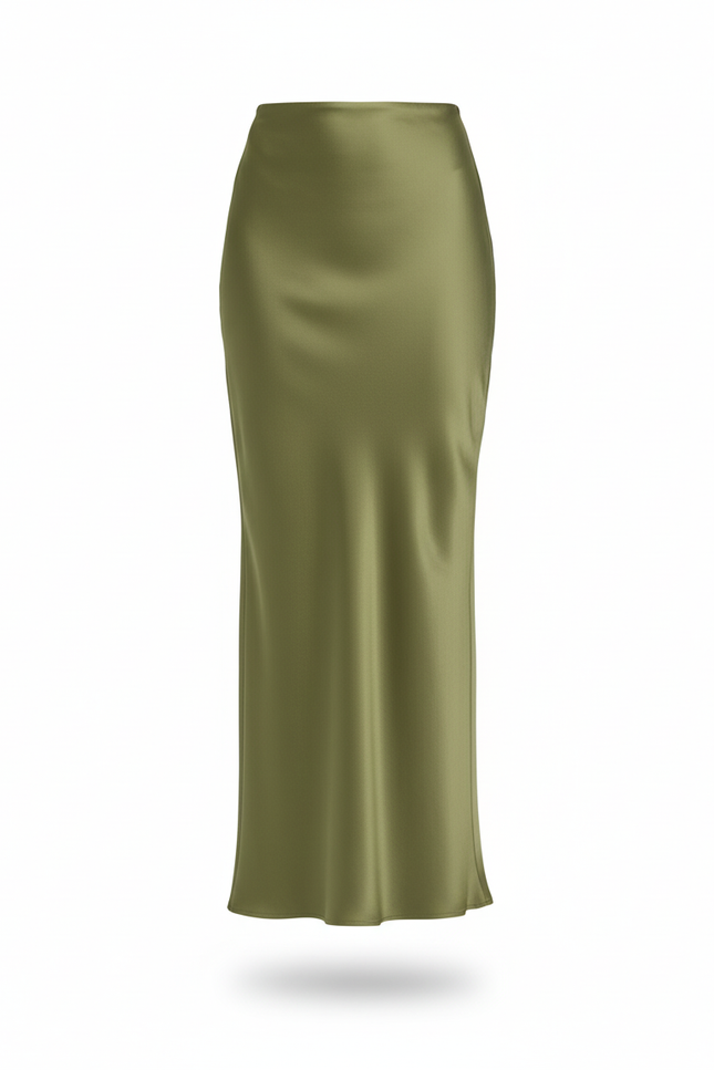 Jupe Satin Vert Olive Longue Fluide