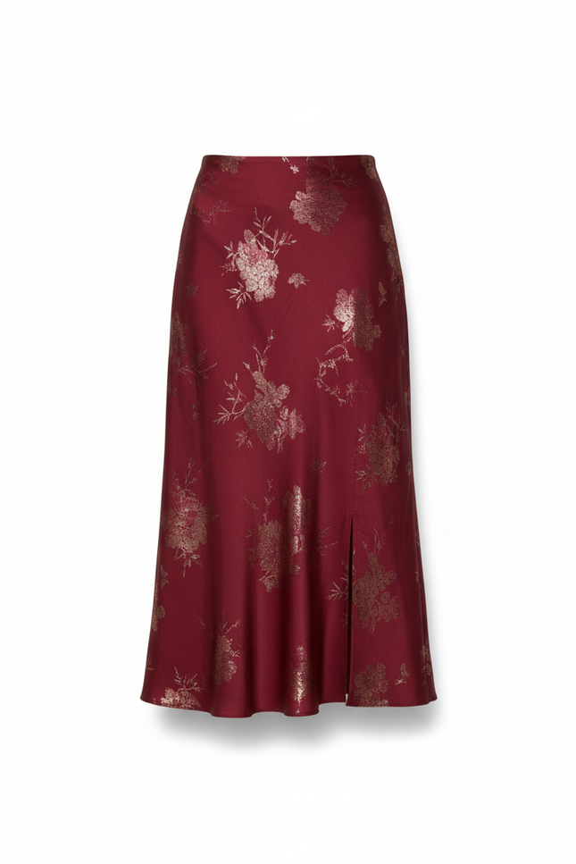 Jupe Trapèze Mi Longue Satinée Motif Floral