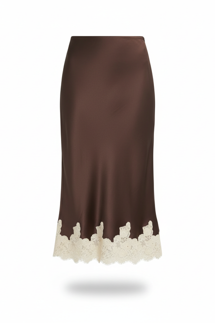 Jupe Satin Marron Dentelle Élégante